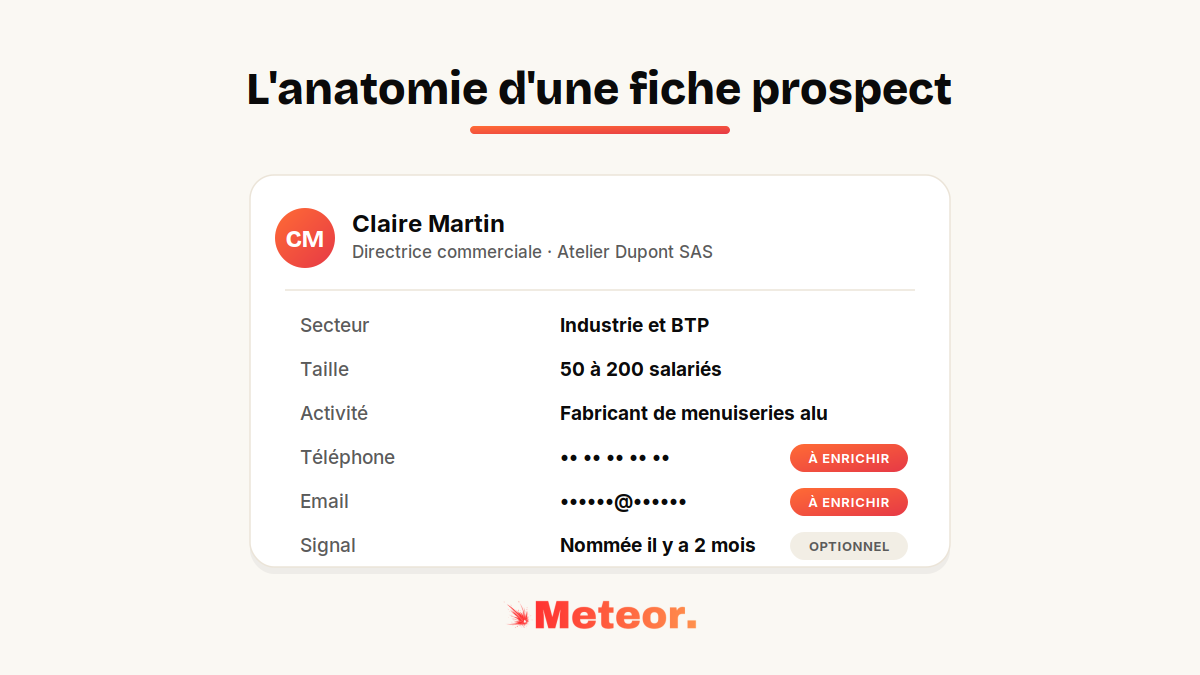 Anatomie d'une fiche prospect : entreprise, secteur, taille, activité, interlocuteur, téléphone et email à enrichir, signal optionnel