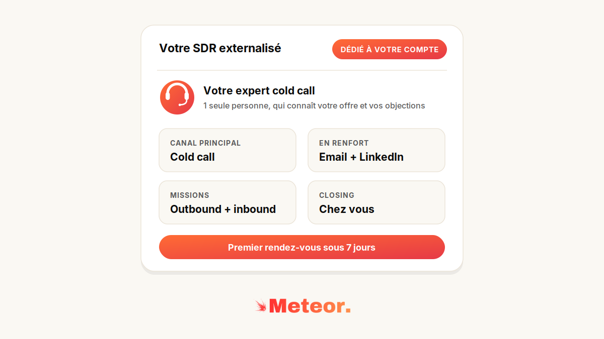 Fiche mission d'un SDR externalisé Meteor : cold call en canal principal, email et LinkedIn en renfort, missions outbound et inbound, closing chez le client