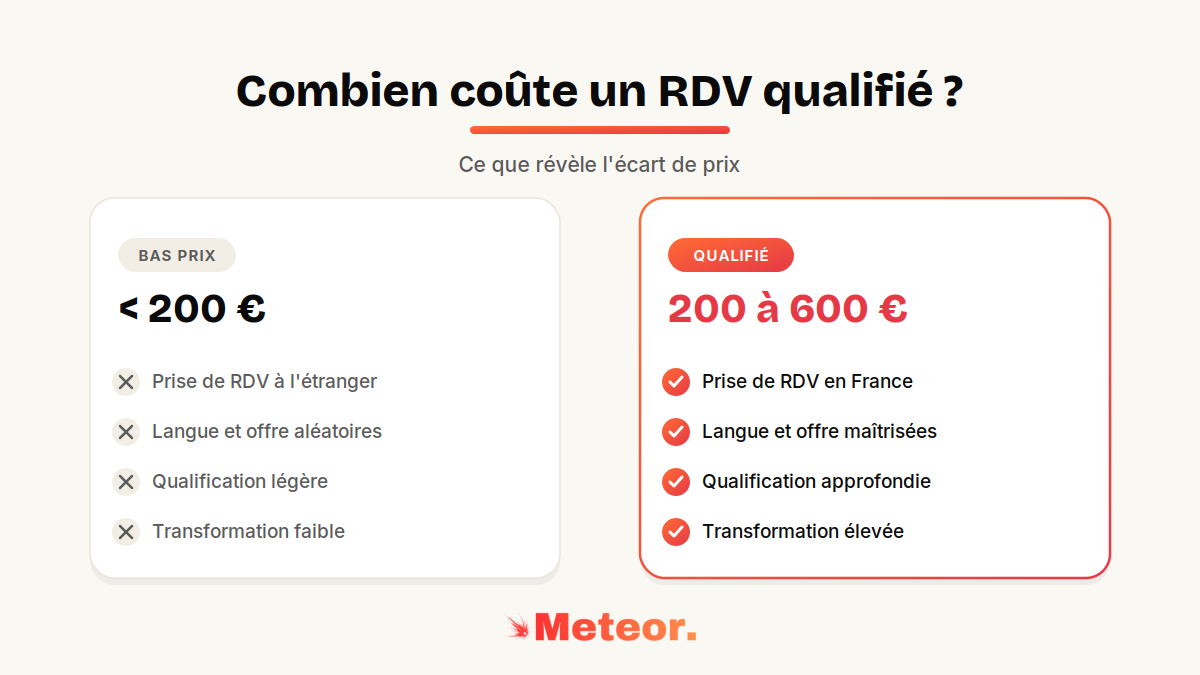 Comparaison d'un rendez-vous à moins de 200 € et d'un rendez-vous qualifié à 200-600 €