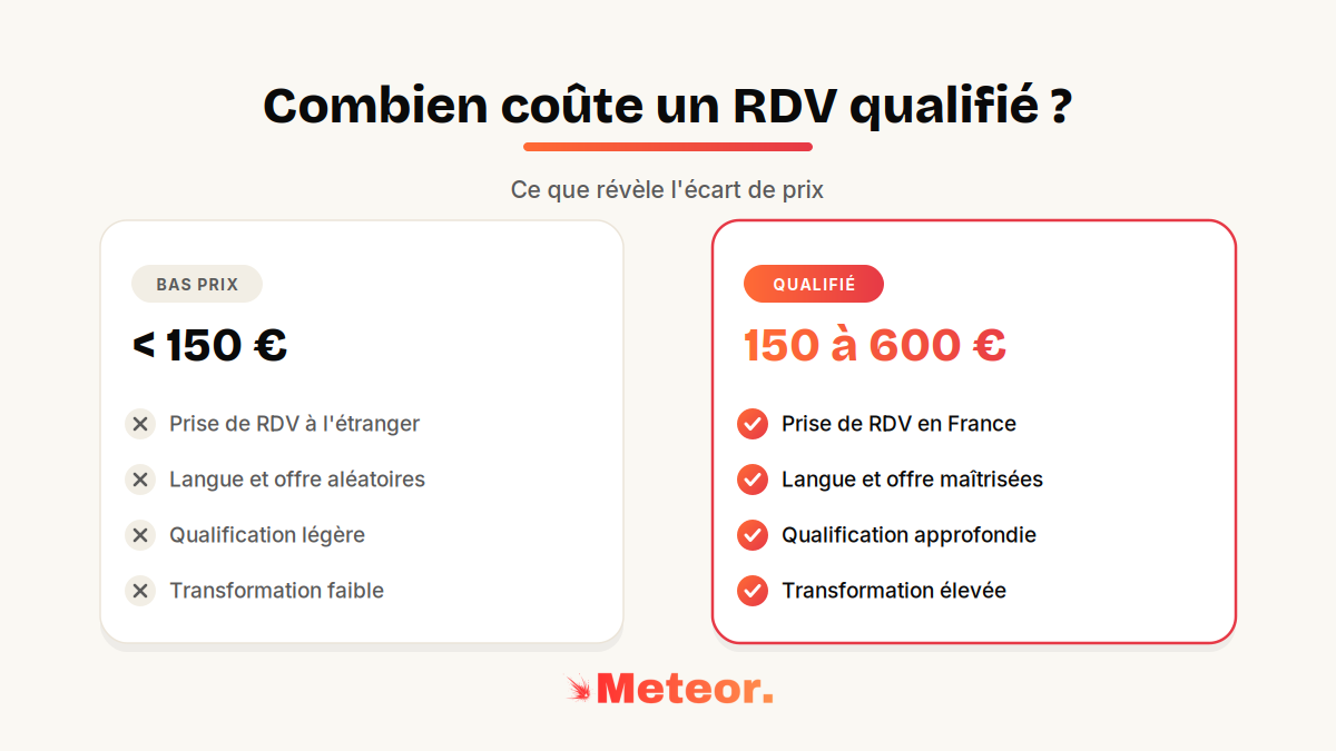 Comparaison d'un rendez-vous à moins de 150 € et d'un rendez-vous qualifié à 150-600 €