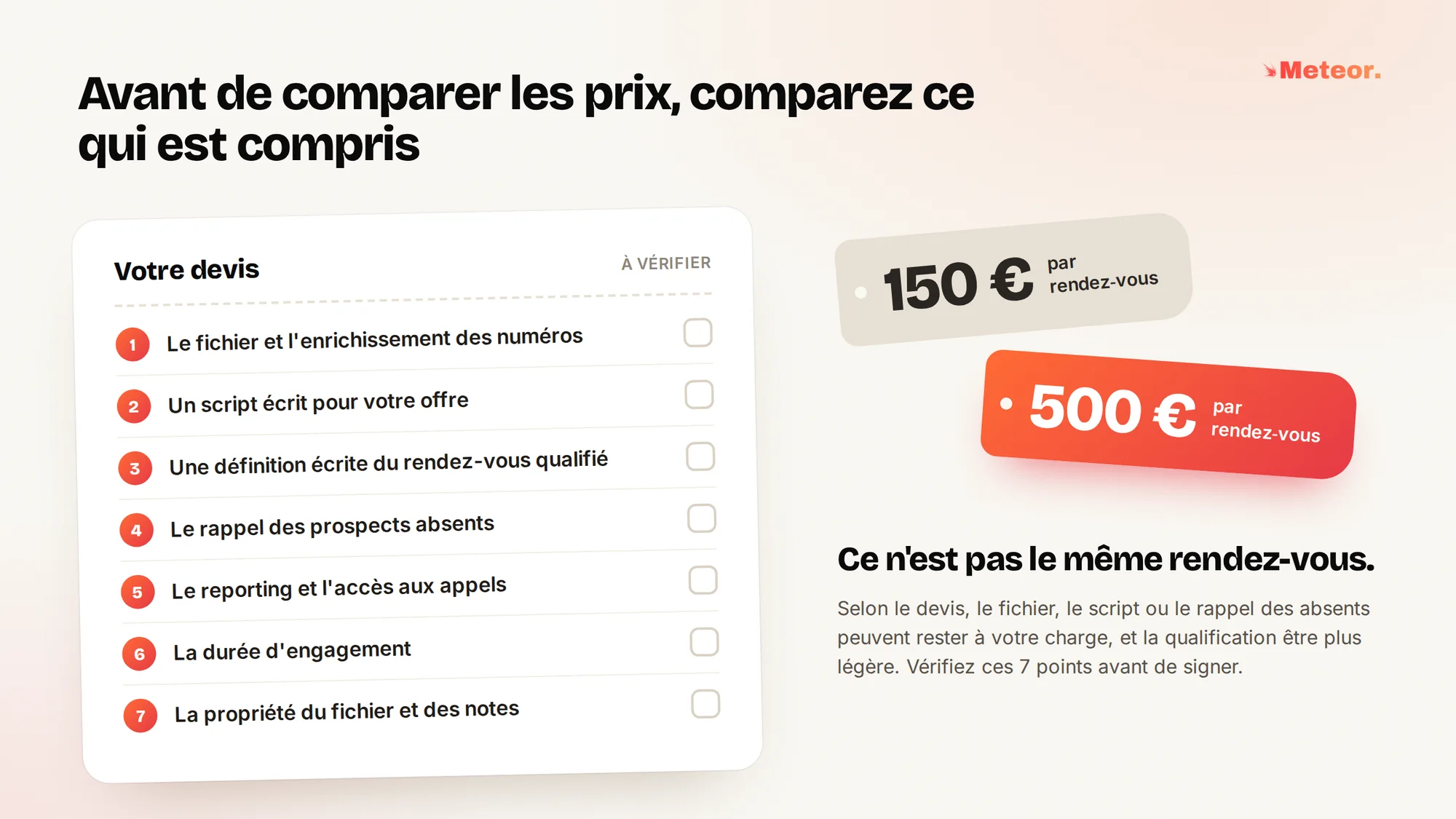 Avant de comparer les prix, comparez ce qui est compris. Les 7 points à vérifier dans un devis de téléprospection, le fichier et l'enrichissement des numéros, un script écrit pour votre offre, une définition écrite du rendez-vous qualifié, le rappel des prospects absents, le reporting et l'accès aux appels, la durée d'engagement, la propriété du fichier et des notes. Un rendez-vous à 150 € et un rendez-vous à 500 €, ce n'est pas le même rendez-vous.